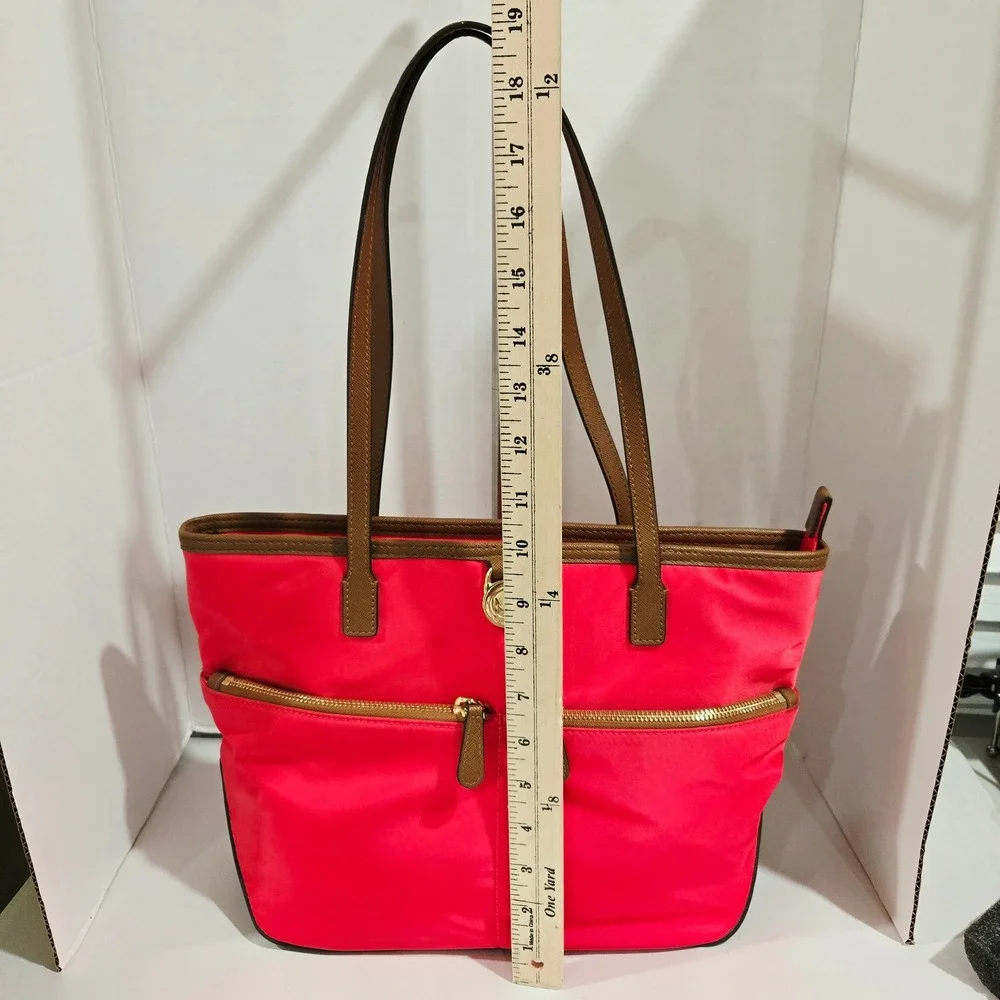 Michael Kors Polly Tote Bag Watermelon Coral Red Nylon Tan Leather Trim